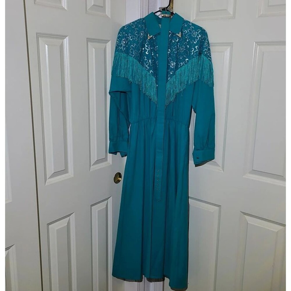 Vintage Lilia Smitty Western Cowgirl Dress Fringe Lace Yoke Teal 13/14